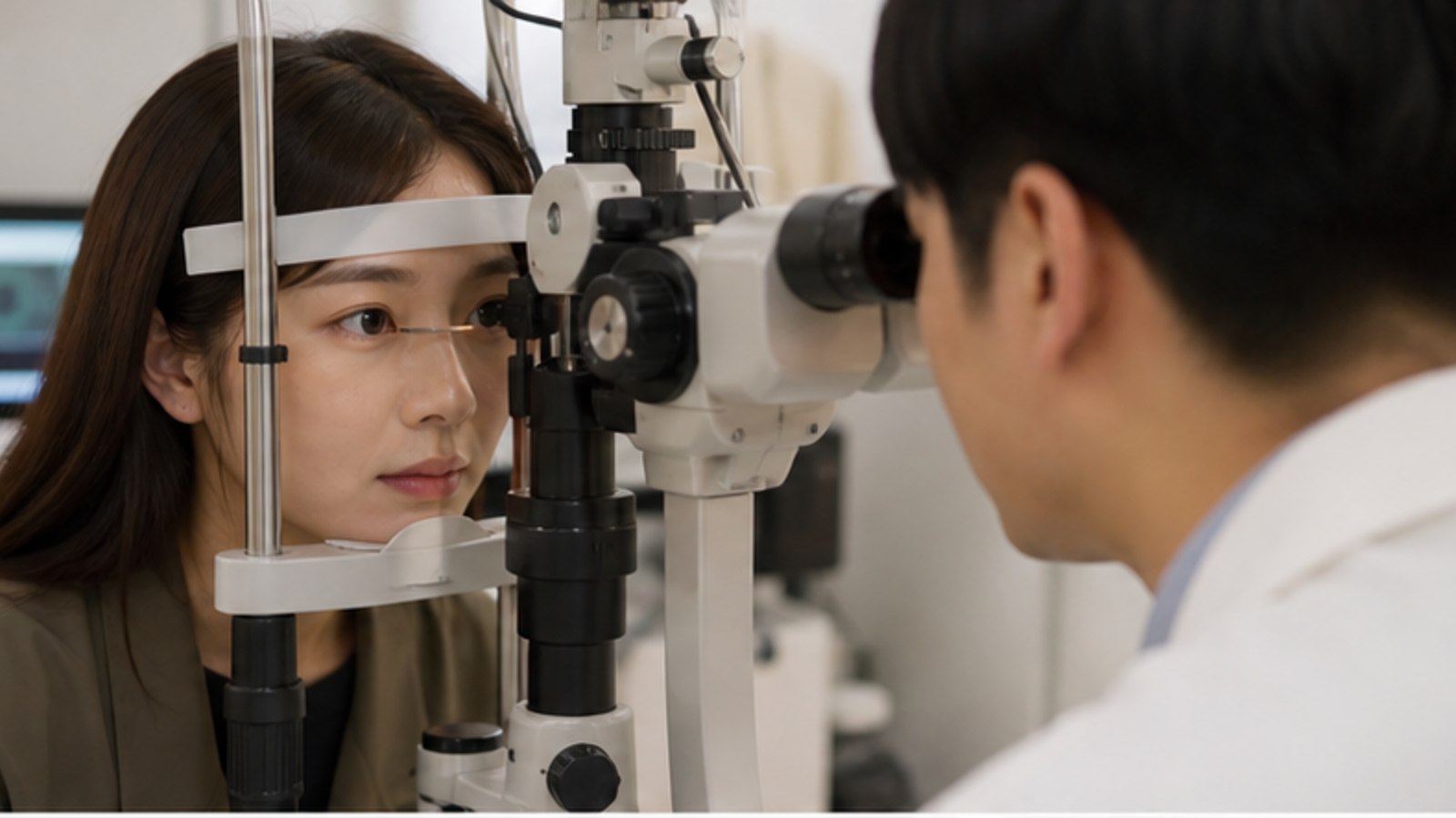 세극등 장비로 눈 앞쪽 상태를 확인받는 내원자