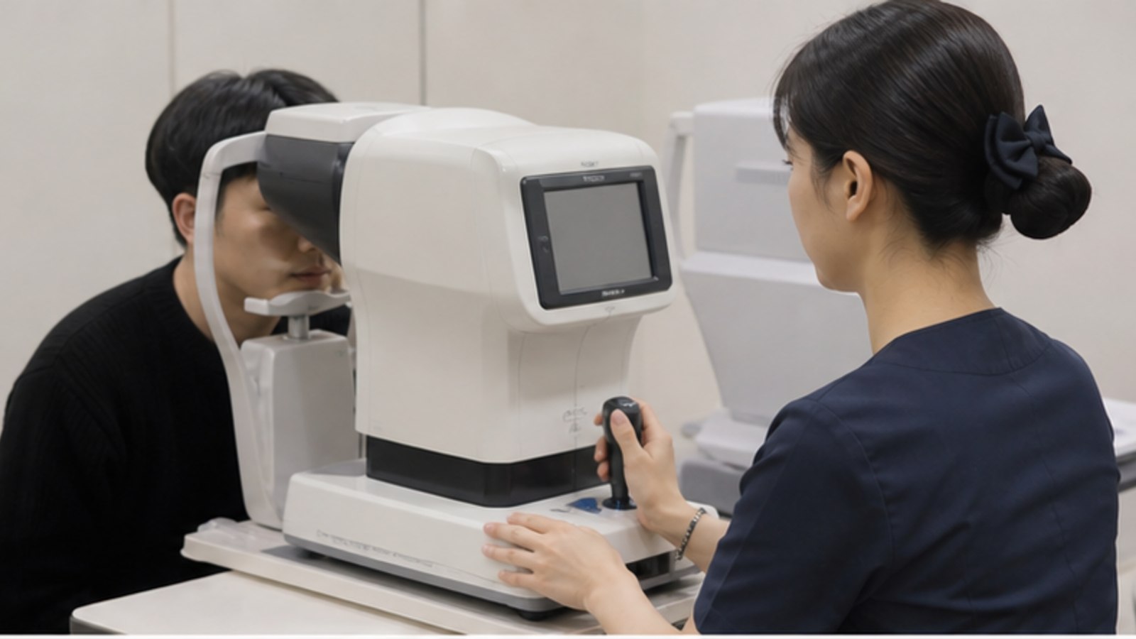 검사 장비 앞에서 눈 상태를 측정받는 내원자 — 스마일라식 수술 가능 여부 검사 안내