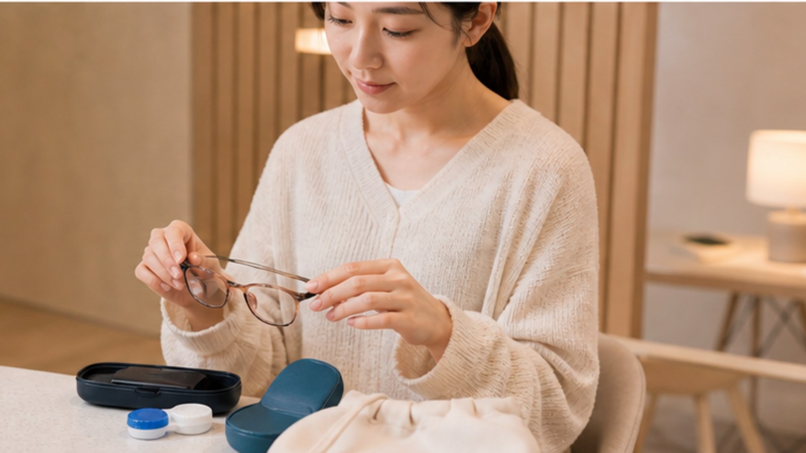 안경과 렌즈 케이스를 정리하며 검사 준비를 하는 사람