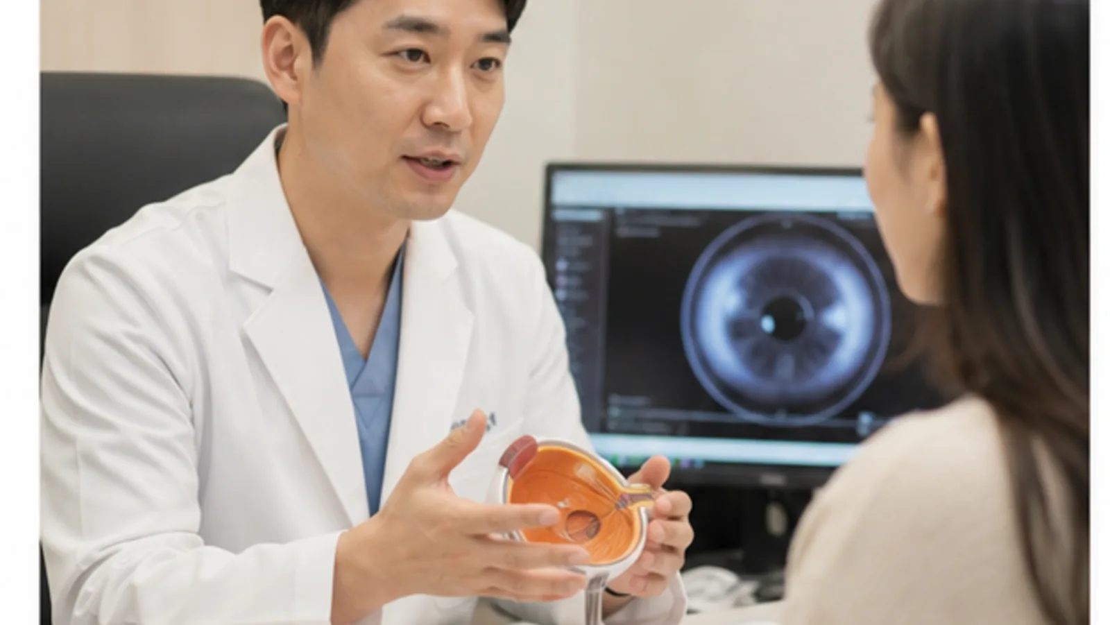 상담실에서 의료진과 검사 범위를 확인하는 모습 — 스마일라식 이벤트 문의 안내