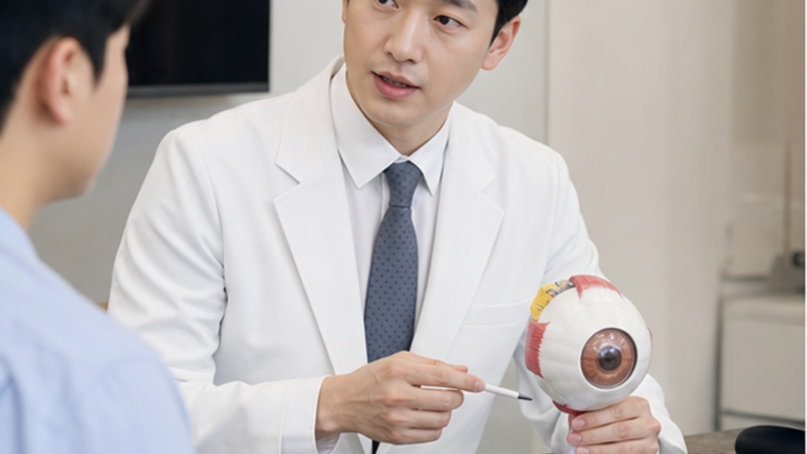 안구 모형으로 눈 구조를 설명받는 내원자