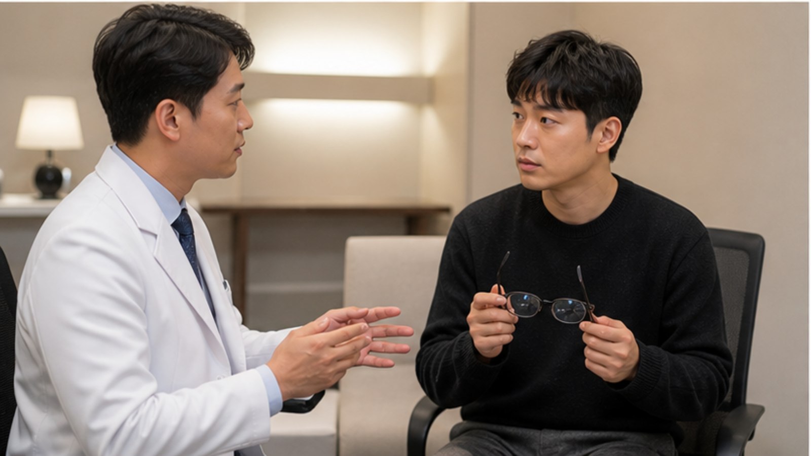 진료실에서 의료진과 검사 결과를 이야기하는 내원자