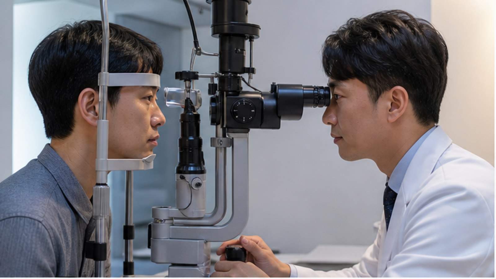 세극등 장비로 눈 상태를 자세히 확인받는 내원자