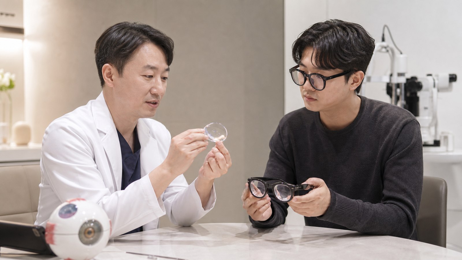 상담실에서 의료진이 렌즈를 보여주며 시력교정 방법을 설명하는 모습