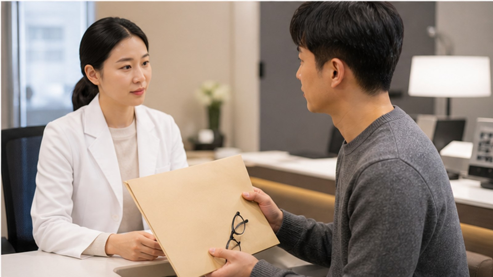 접수 창구에서 검사 자료가 든 봉투를 전달하는 내원자