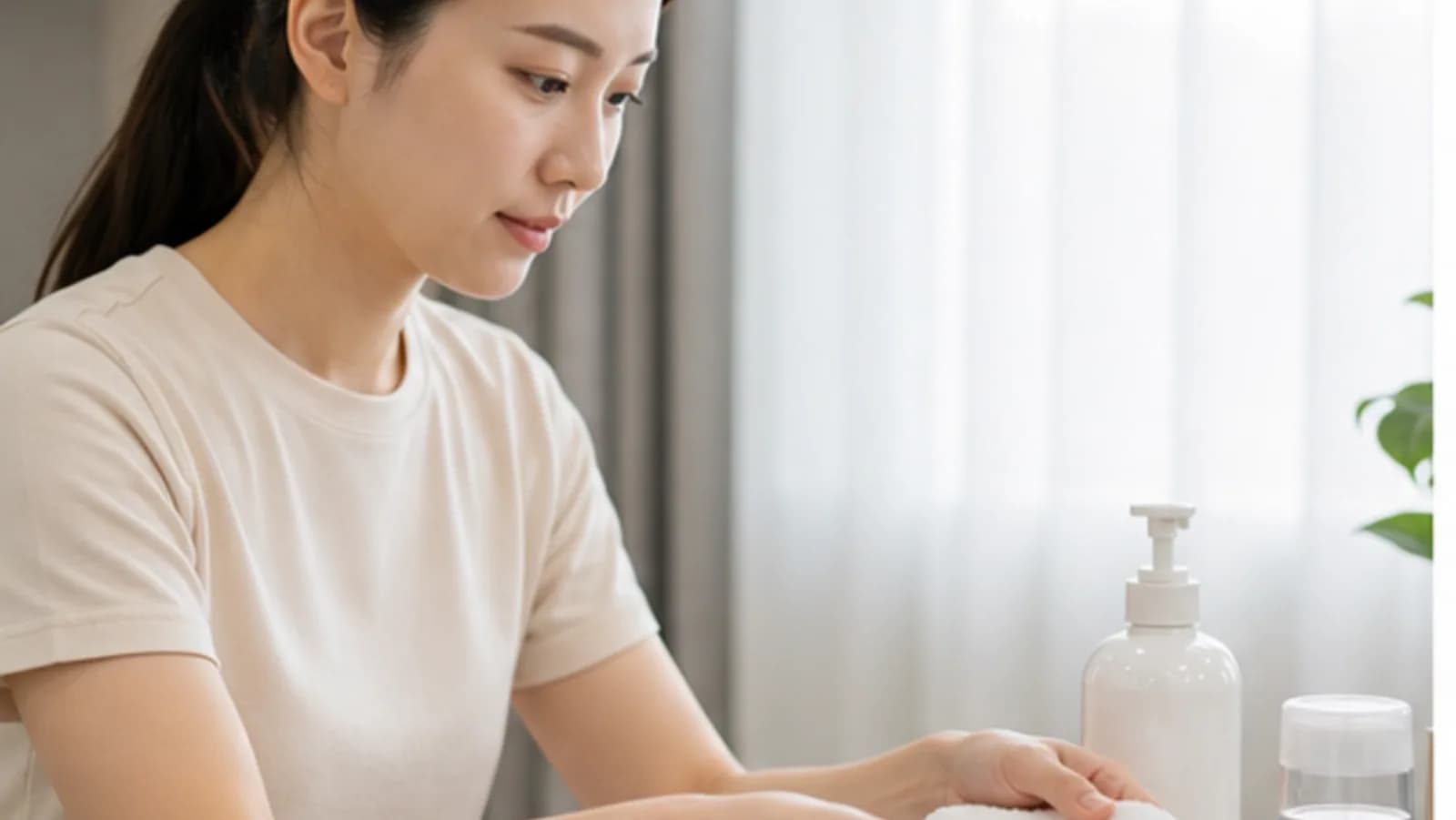 세면대 앞에서 물이 눈에 닿지 않게 조심하며 세안 순서를 확인하는 모습