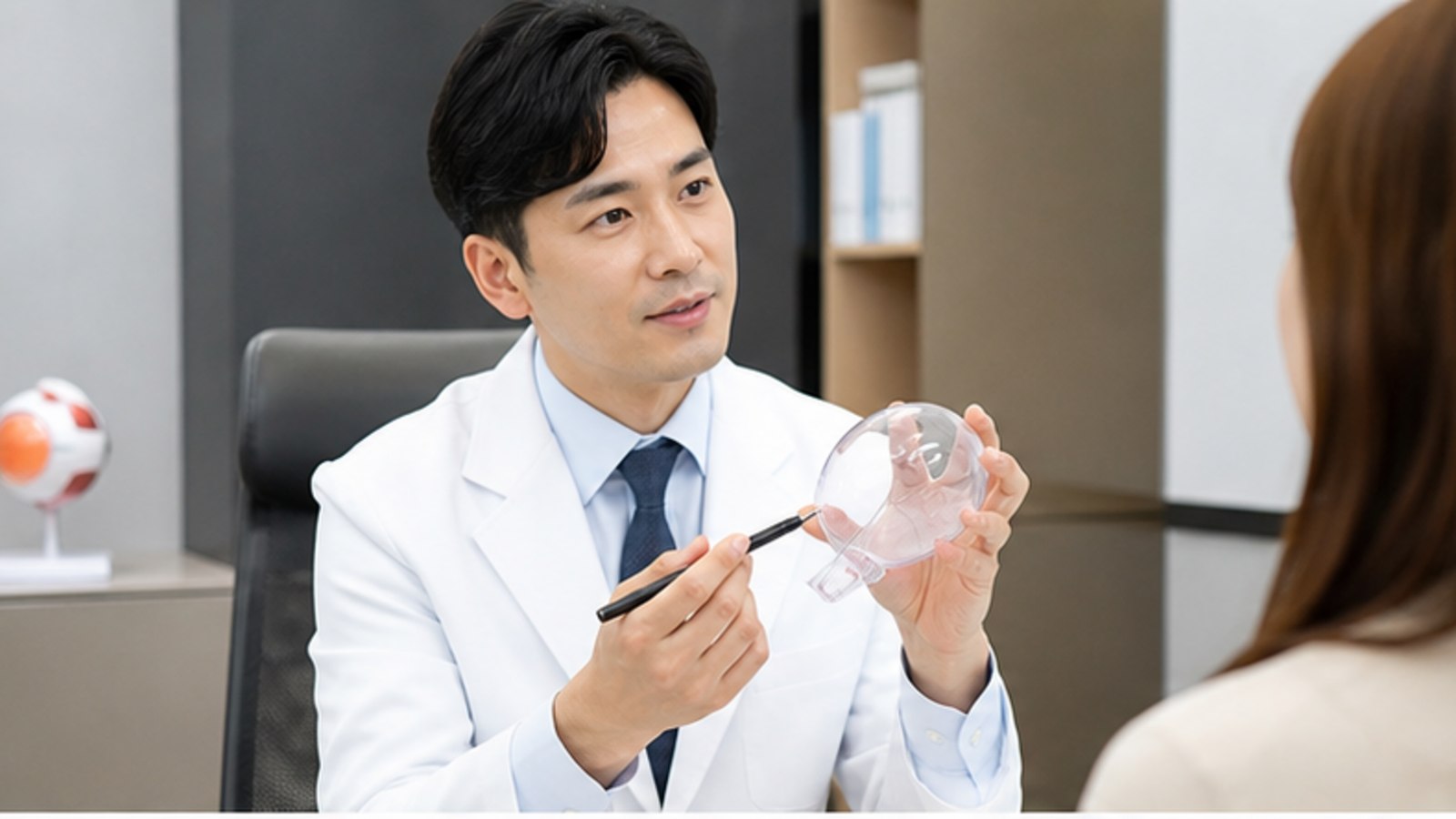 진료실에서 눈 모형으로 설명을 듣는 내원자 — 스마일라식 수술 방법 이름 구분 안내