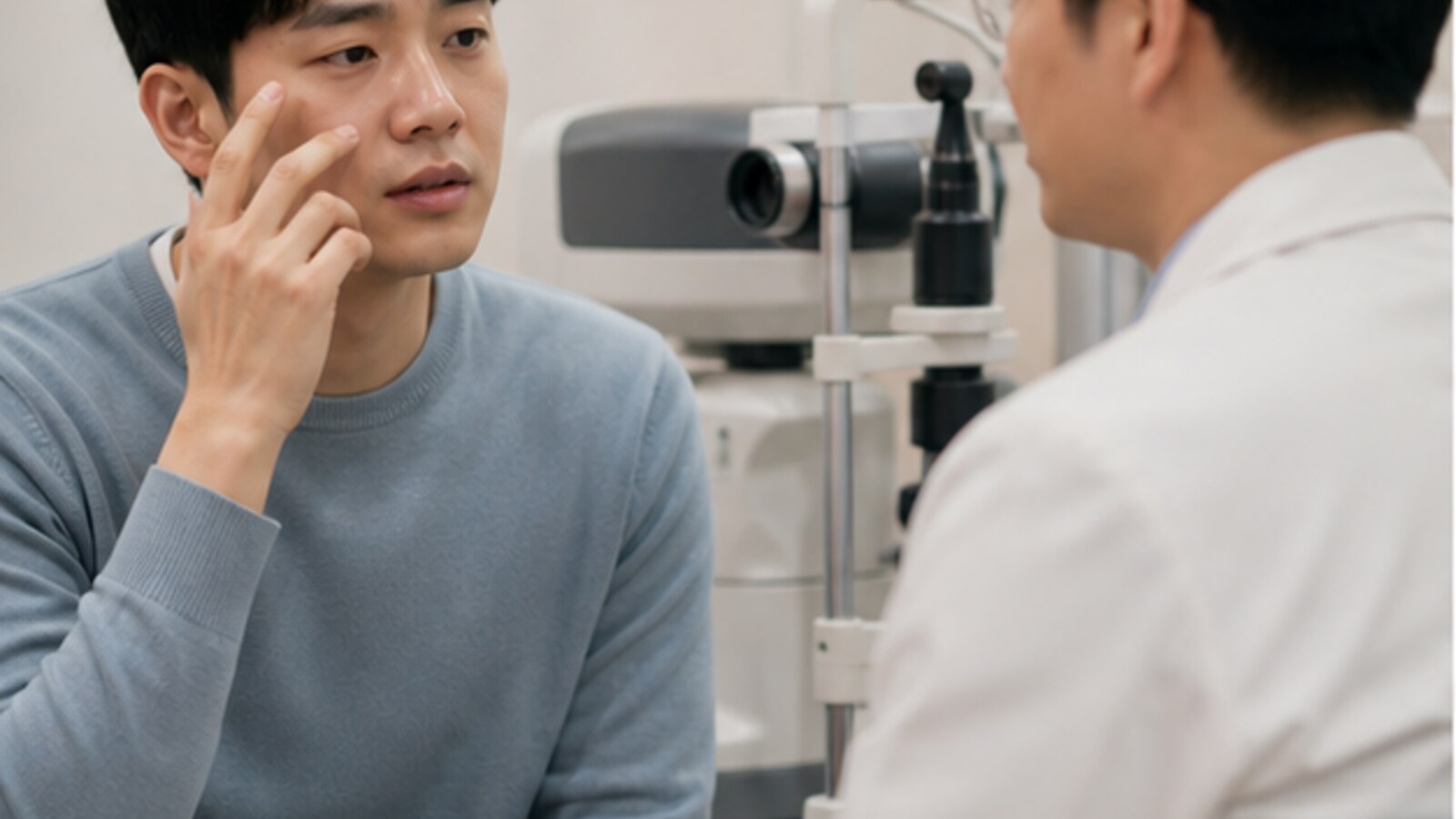 내원자가 야간 운전 중 느낀 눈의 불편을 의료진에게 설명하는 모습