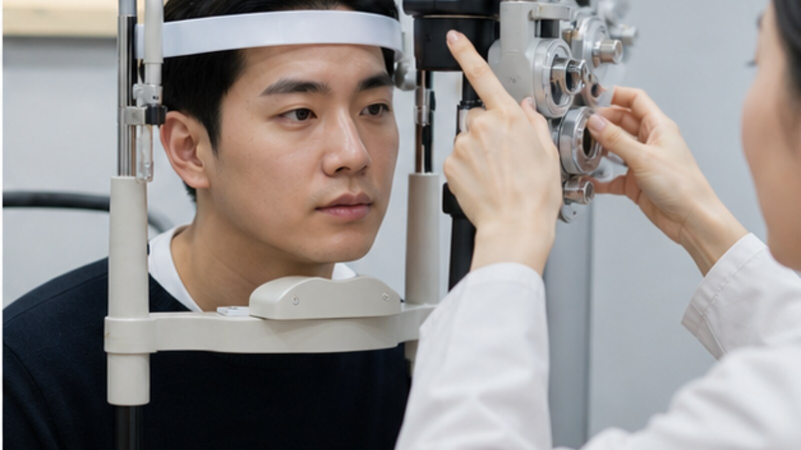 안과에서 굴절과 눈 상태를 검사받는 내원자
