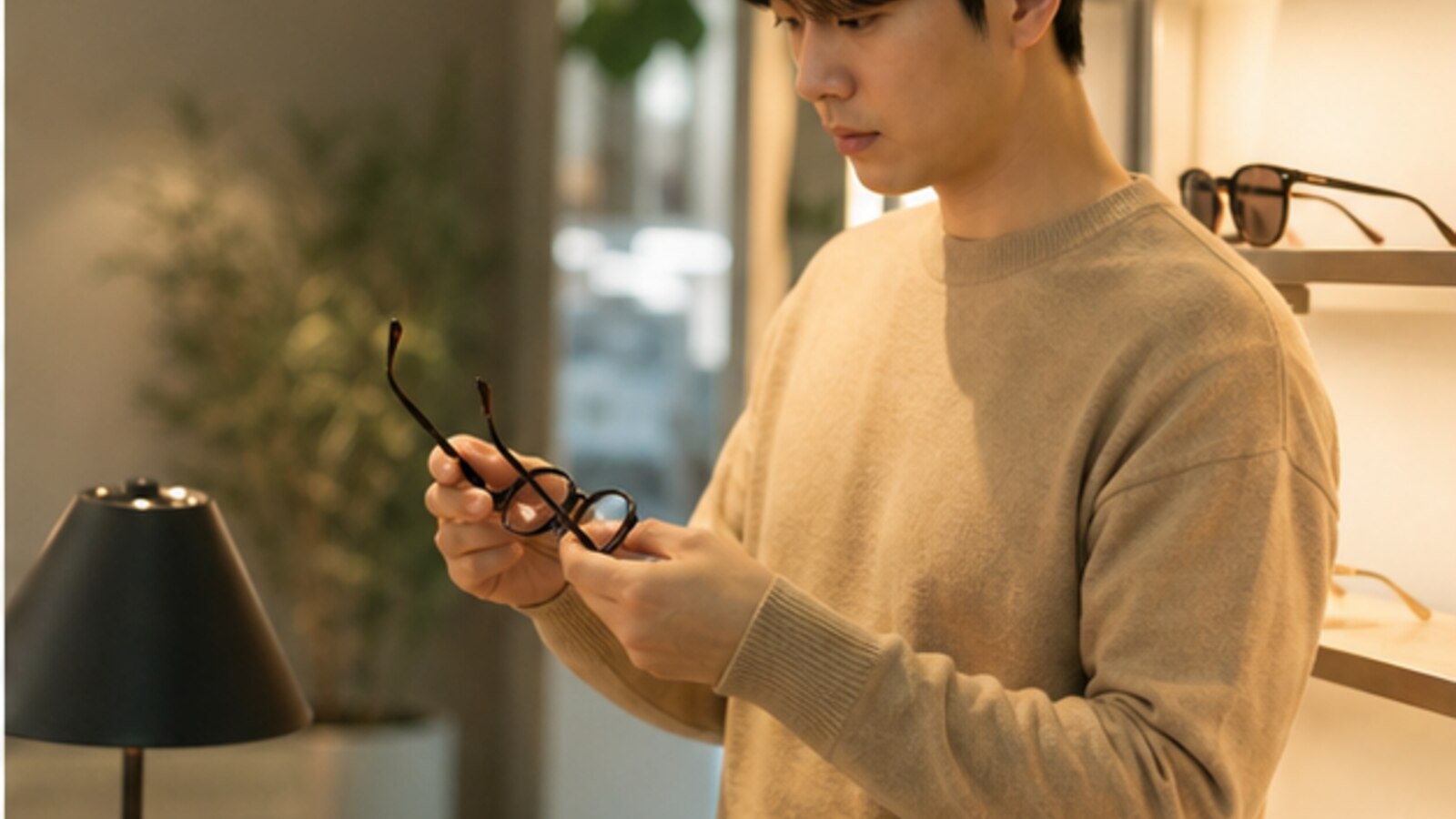 실내 조명 아래 안경을 손에 들고 야간 외출을 준비하는 사람