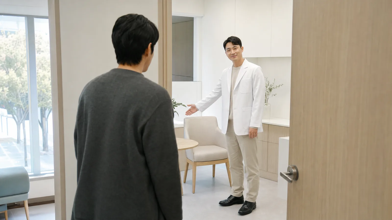 예정된 날짜를 기다리지 않고 찾아온 환자를 진료실에서 맞이하는 장면