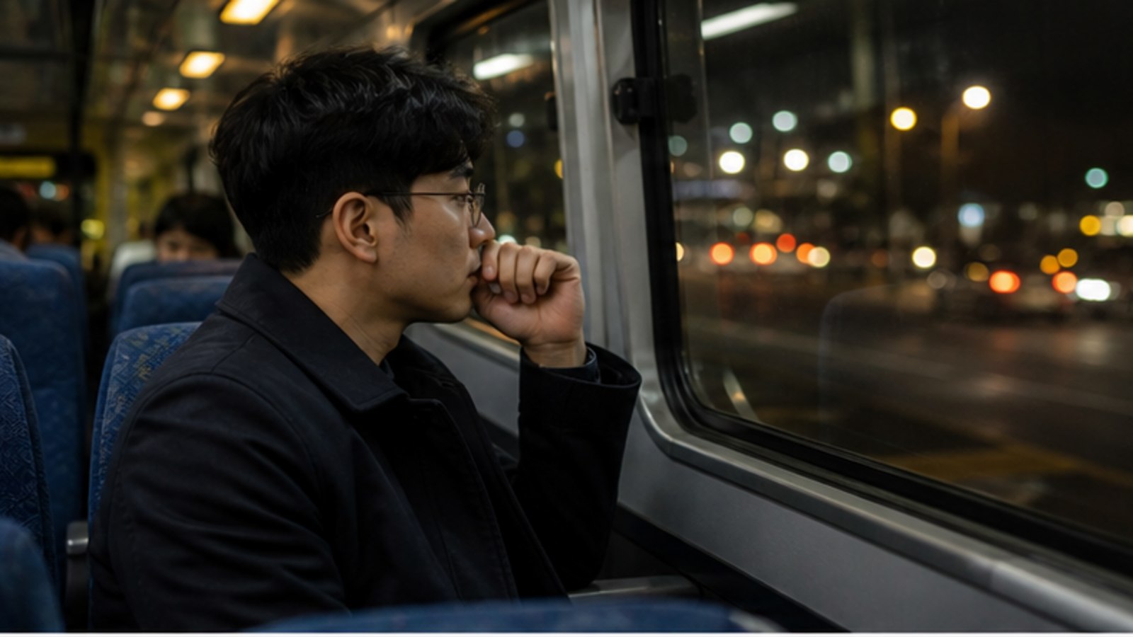 밤에 이동하며 창밖 도시 불빛을 바라보는 사람