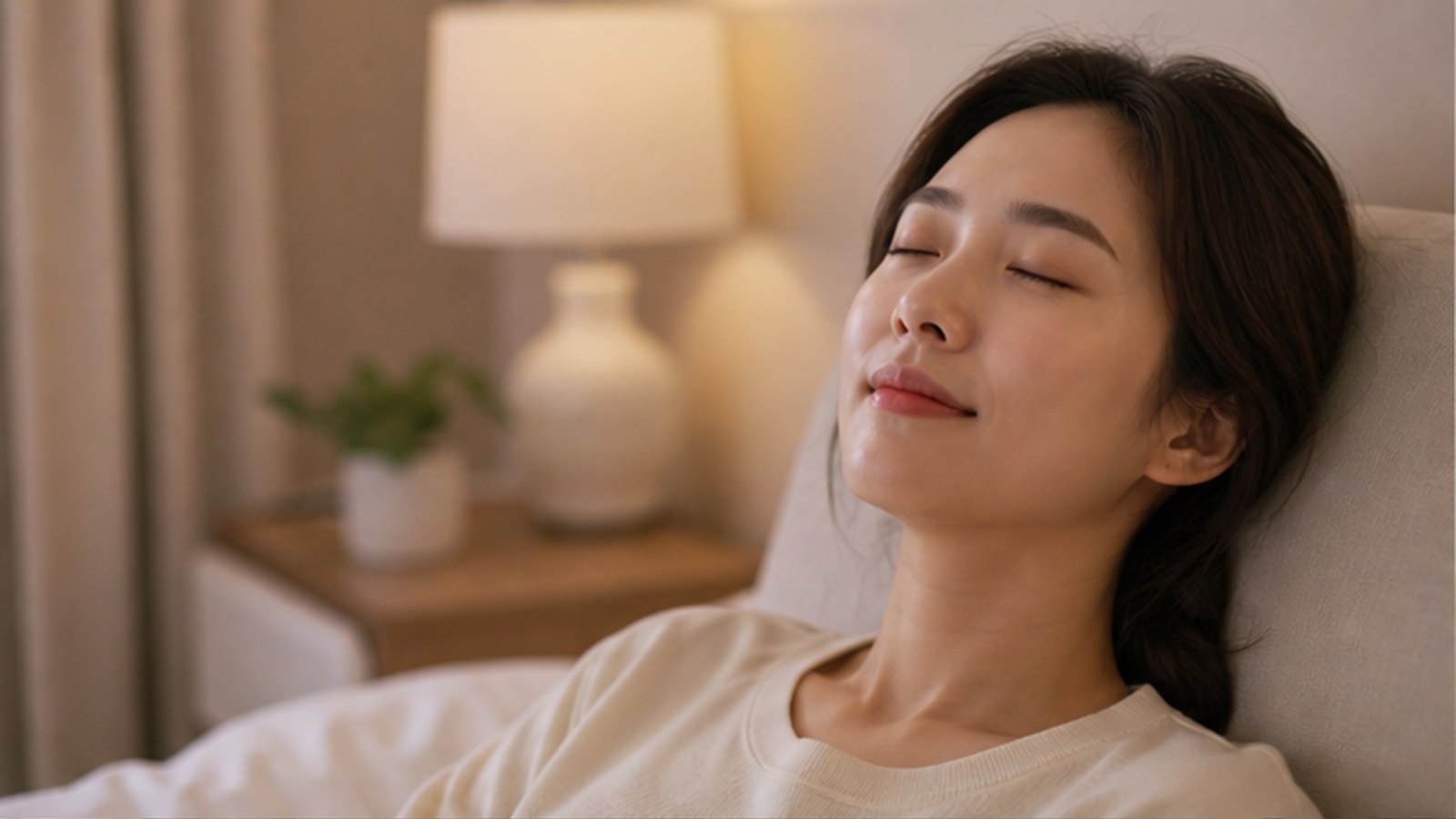 집에서 눈을 감고 쉬고 있는 사람