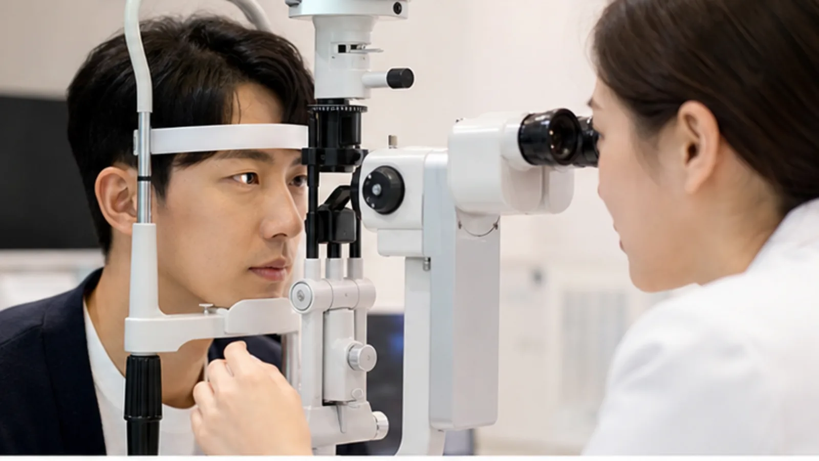 안과 검사 장비로 눈 상태를 확인받는 내원자