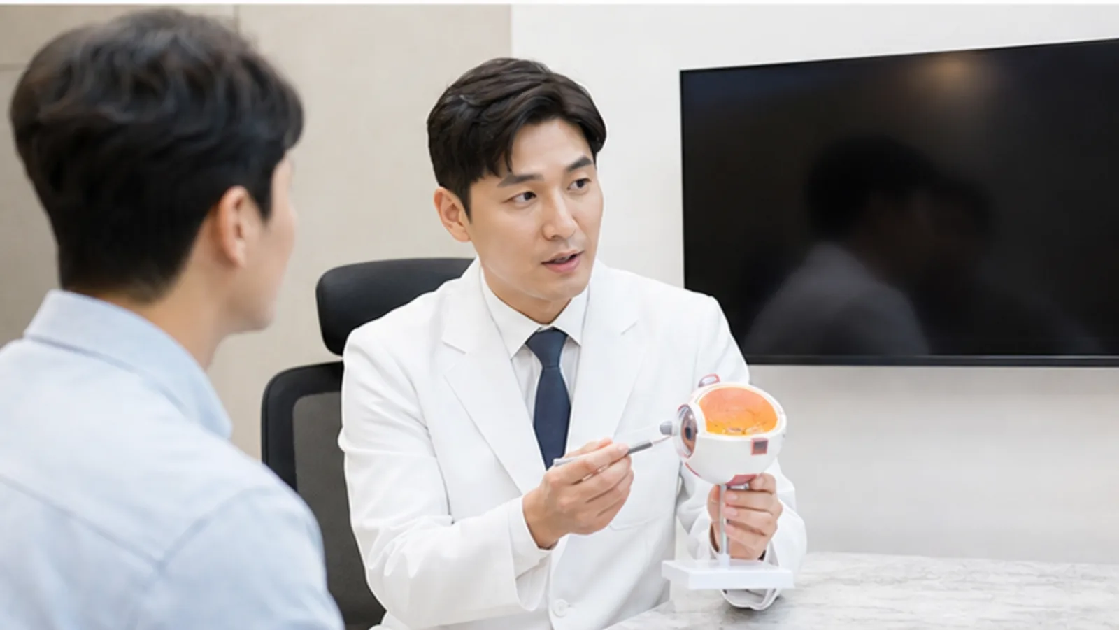 의료진이 눈 모형으로 검사와 상담 항목을 설명하는 모습