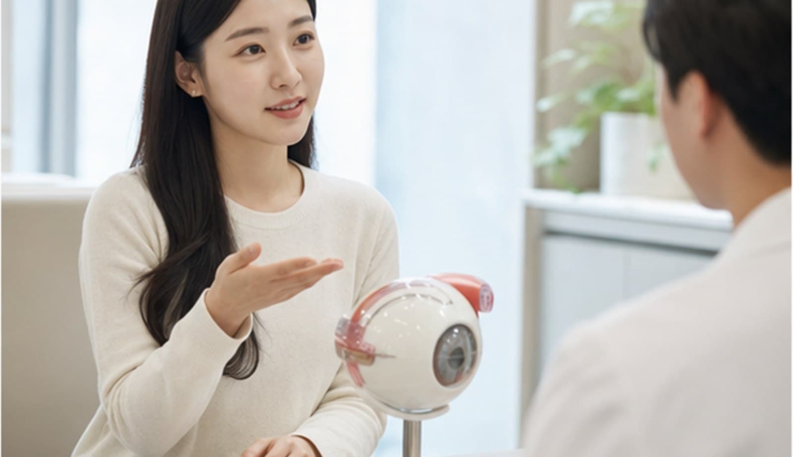 안과 상담실에서 내원자가 안구 모형을 두고 의료진에게 질문하는 모습