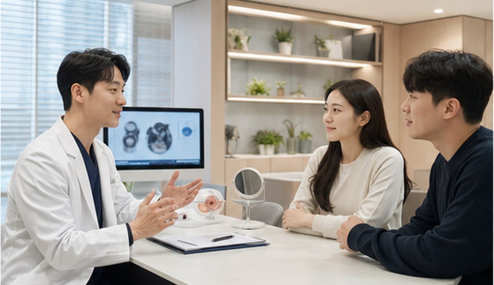 안과 상담실에서 의료진이 두 내원자에게 검사 결과를 설명하는 모습 — 스마일라식 추천병원 선택 기준 안내