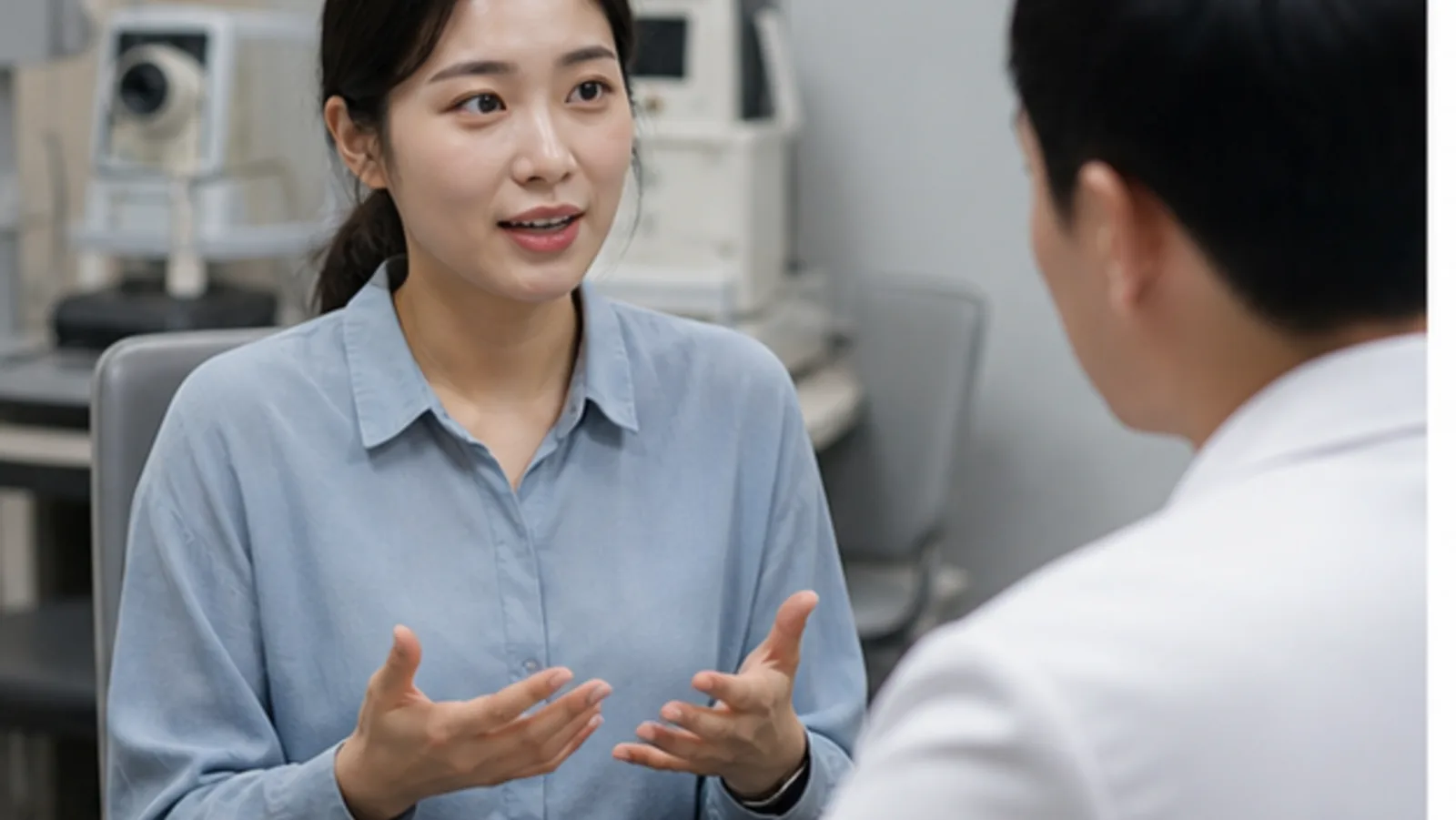 상담실에서 기대와 걱정을 이야기하는 내원자
