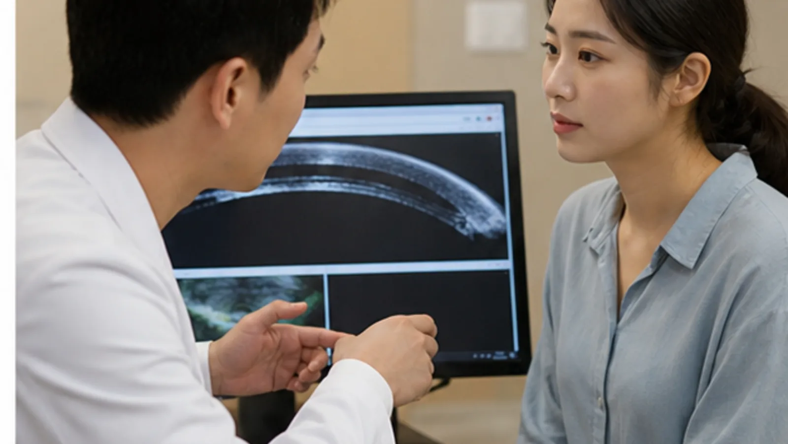 검사 화면을 보며 설명을 듣는 내원자