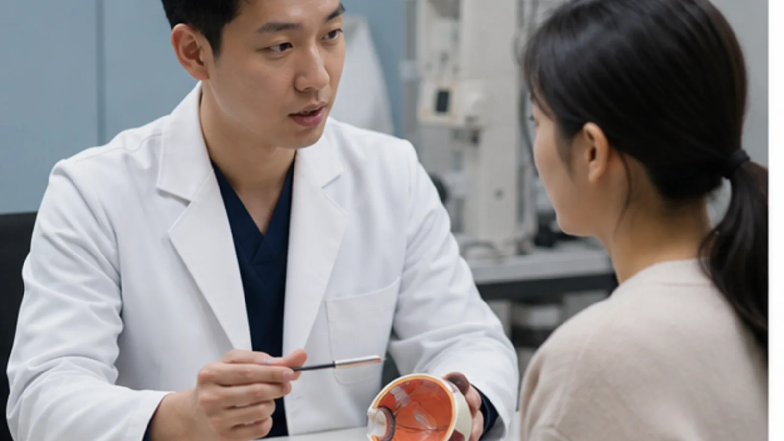 상담실에서 의료진과 검사 화면을 함께 확인하는 모습 — 스마일라식 기대와 생활 목표 상담 안내