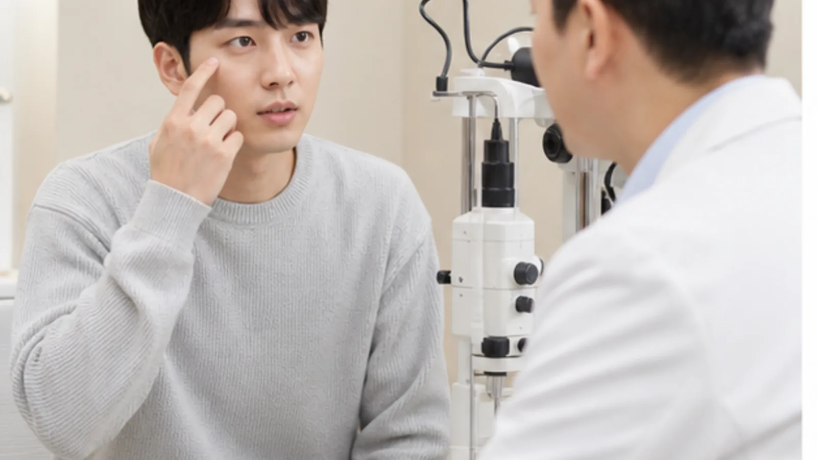 눈 주변 불편을 의료진에게 설명하는 내원자