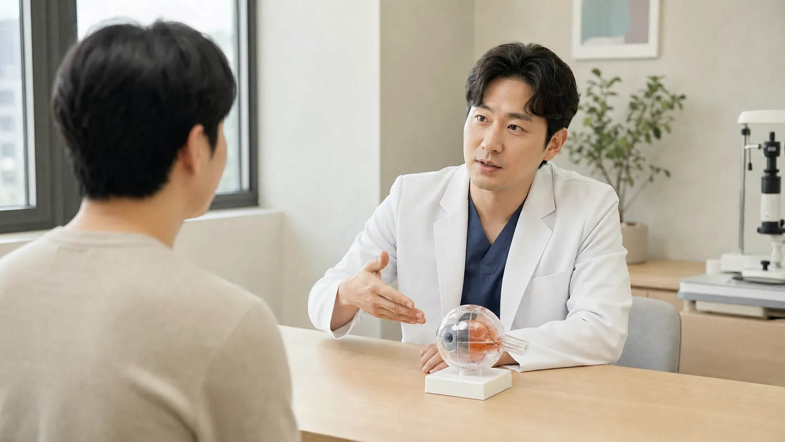 진료실에서 의료진이 눈 모형을 두고 당일 진행 여부를 설명하는 상담 장면