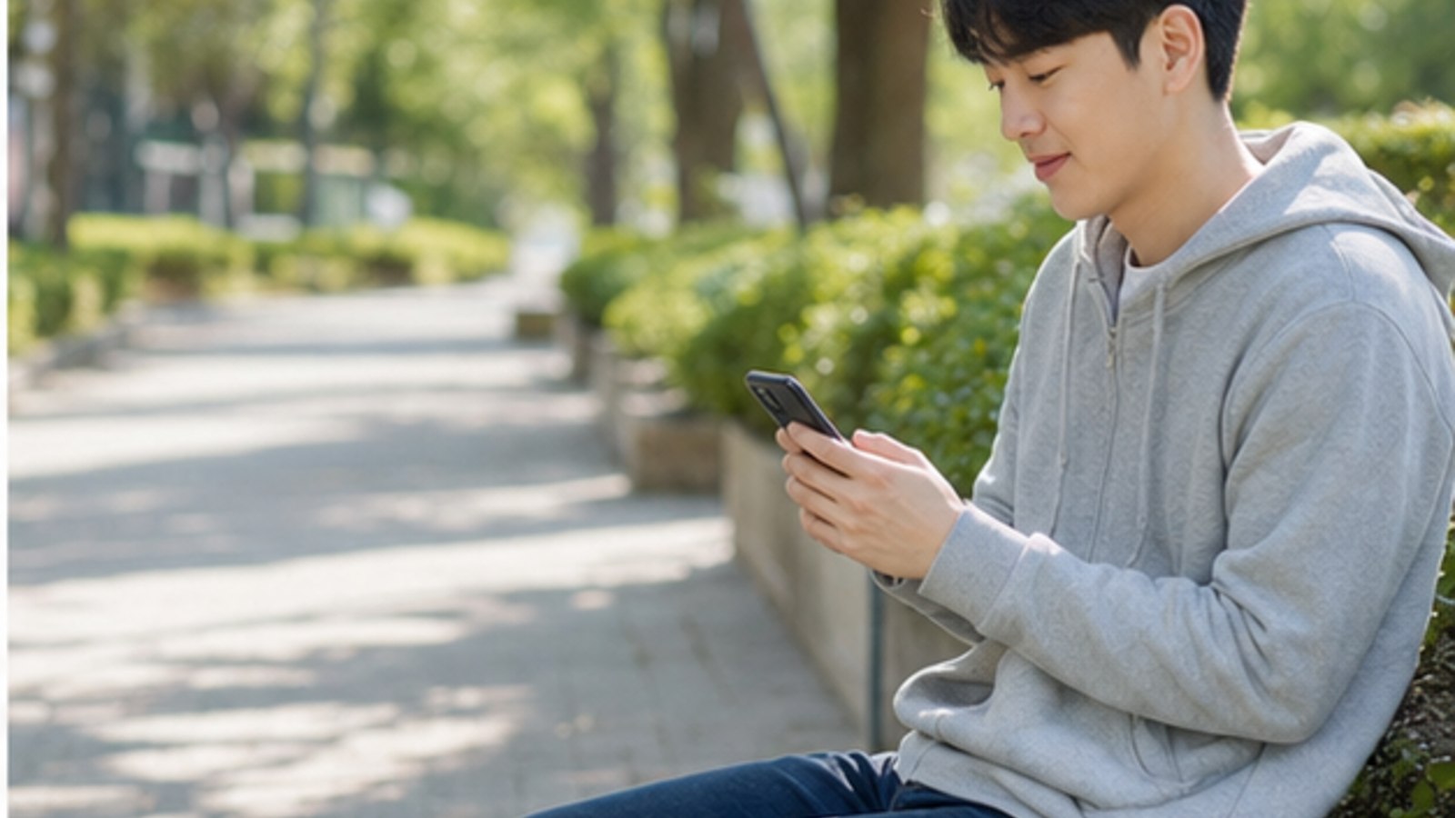 캠퍼스 야외에서 휴대폰을 보는 대학생