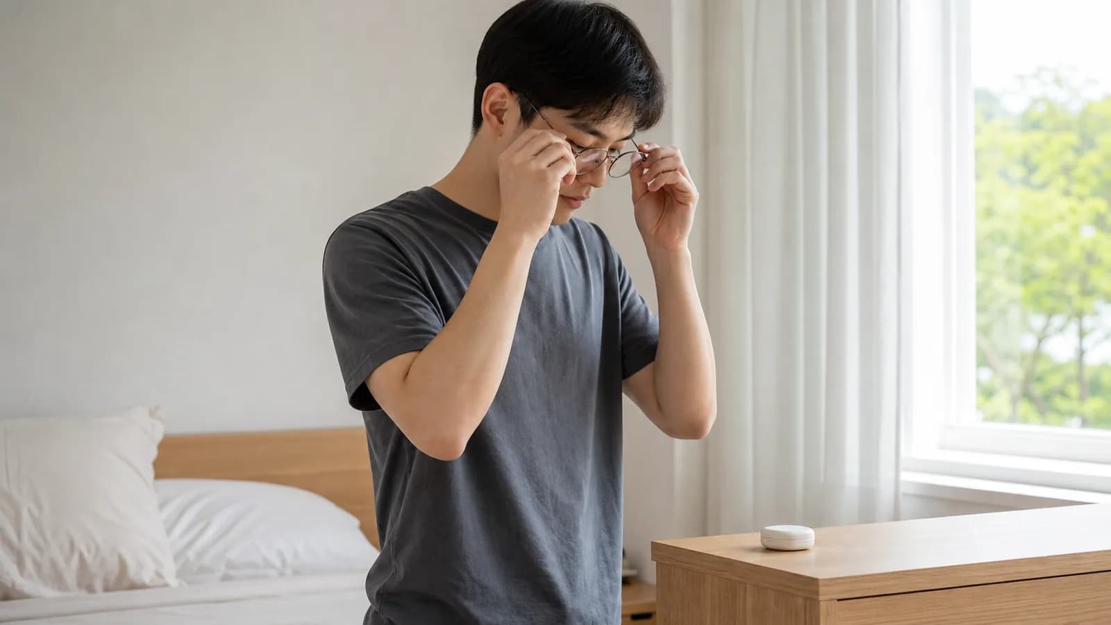 검사를 앞두고 렌즈 대신 안경으로 바꿔 쓰는 아침 장면