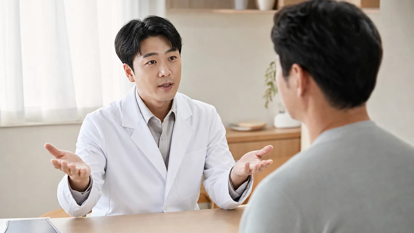 진료실에서 두 갈래를 나란히 놓고 무엇을 확인할지 설명하는 상담 장면