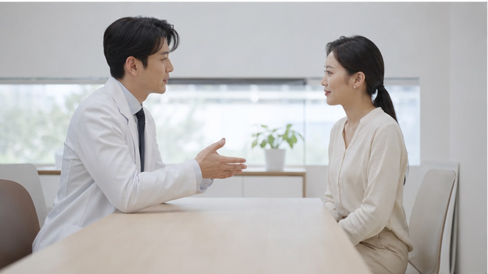 상담실에서 생활 일정과 질문을 이야기하는 내원자