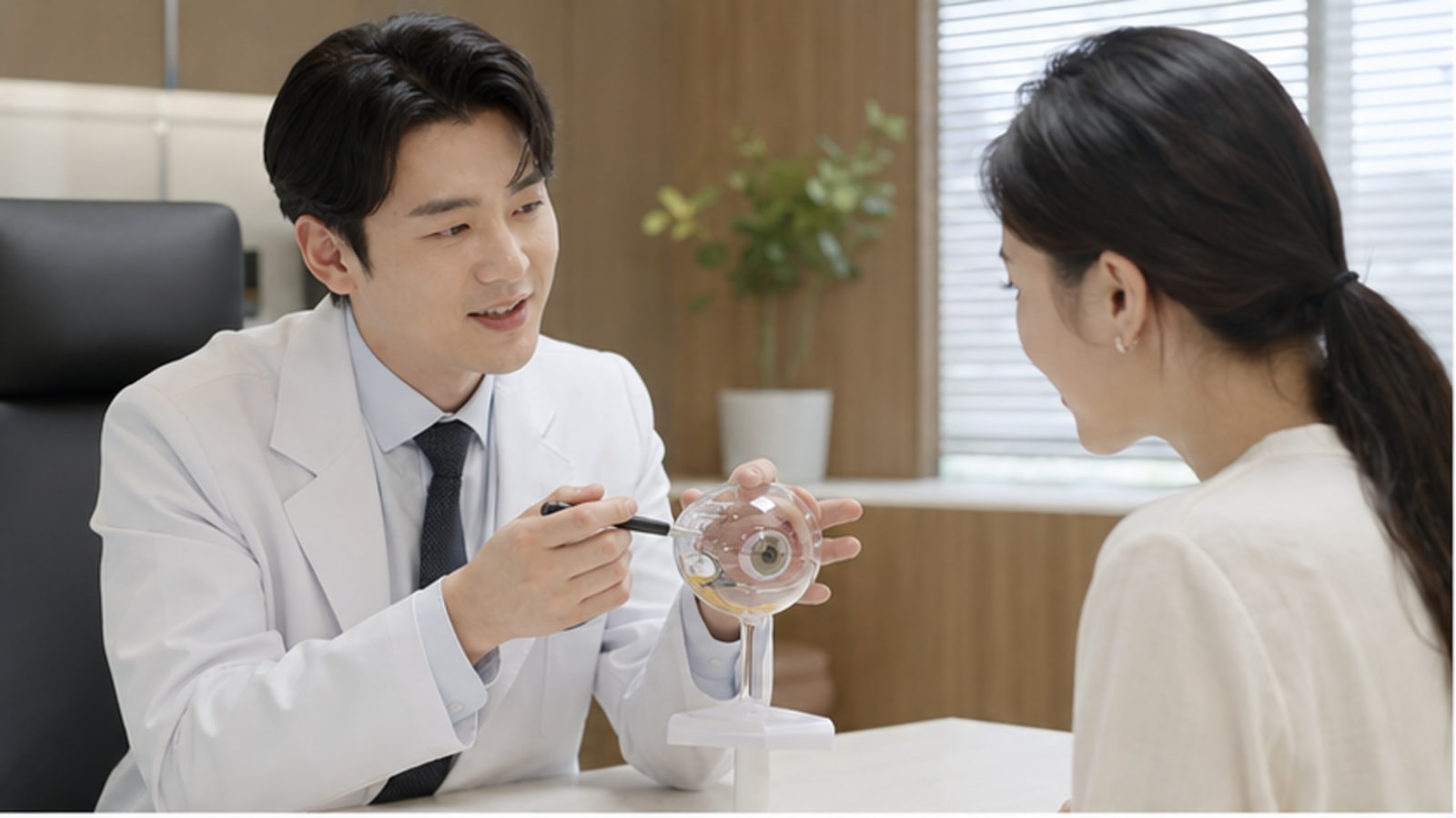 의료진이 눈 모형으로 설명하는 상담 장면: 스마일프로 질문별 정보 경로