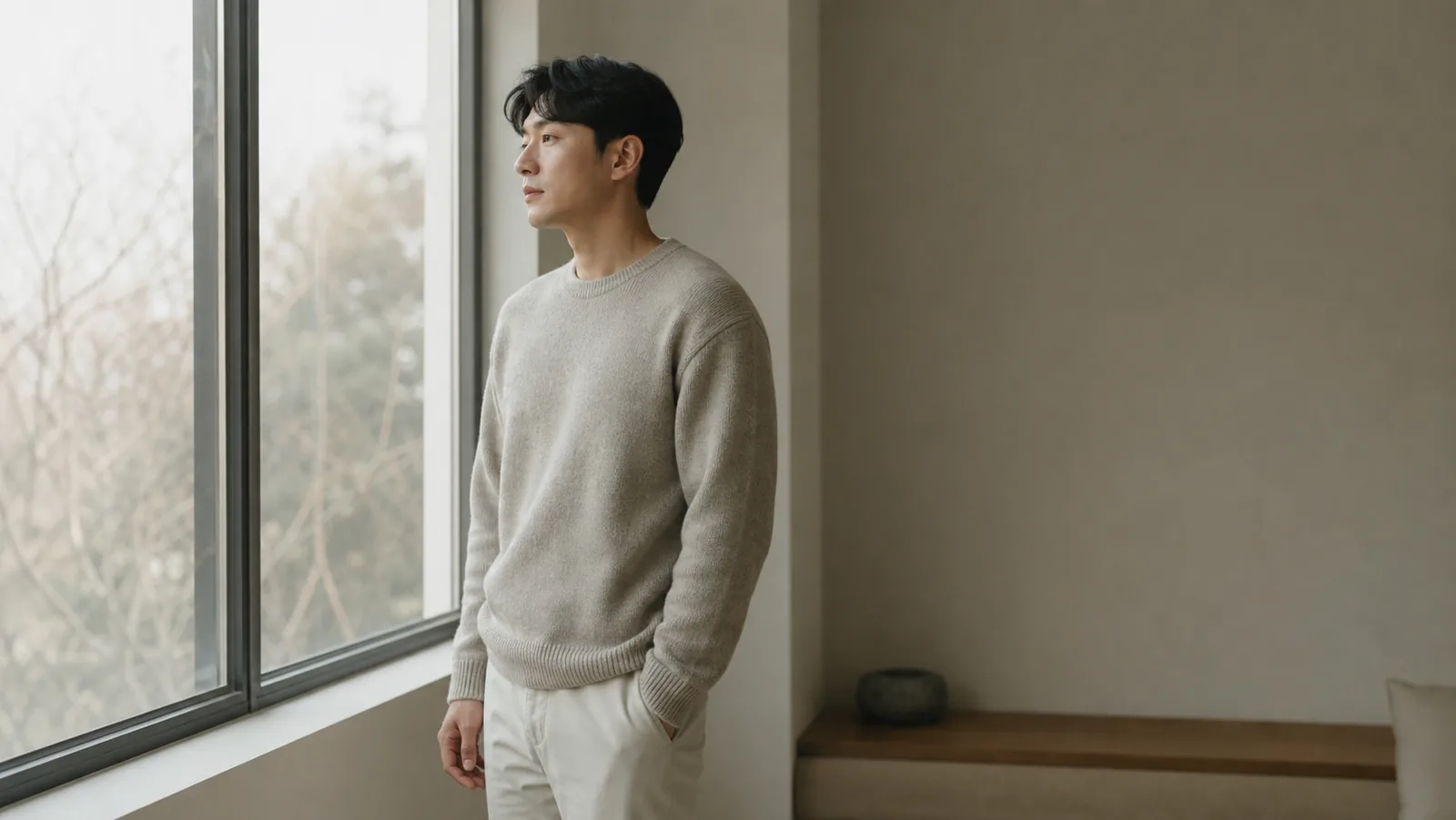 창가에 서서 혼자 결론을 내리지 않고 생각을 정리하는 성인의 모습