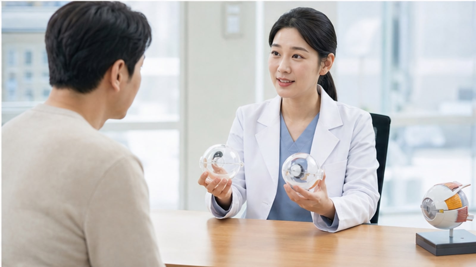 의료진이 여러 시력교정 갈래를 설명하는 상담 장면