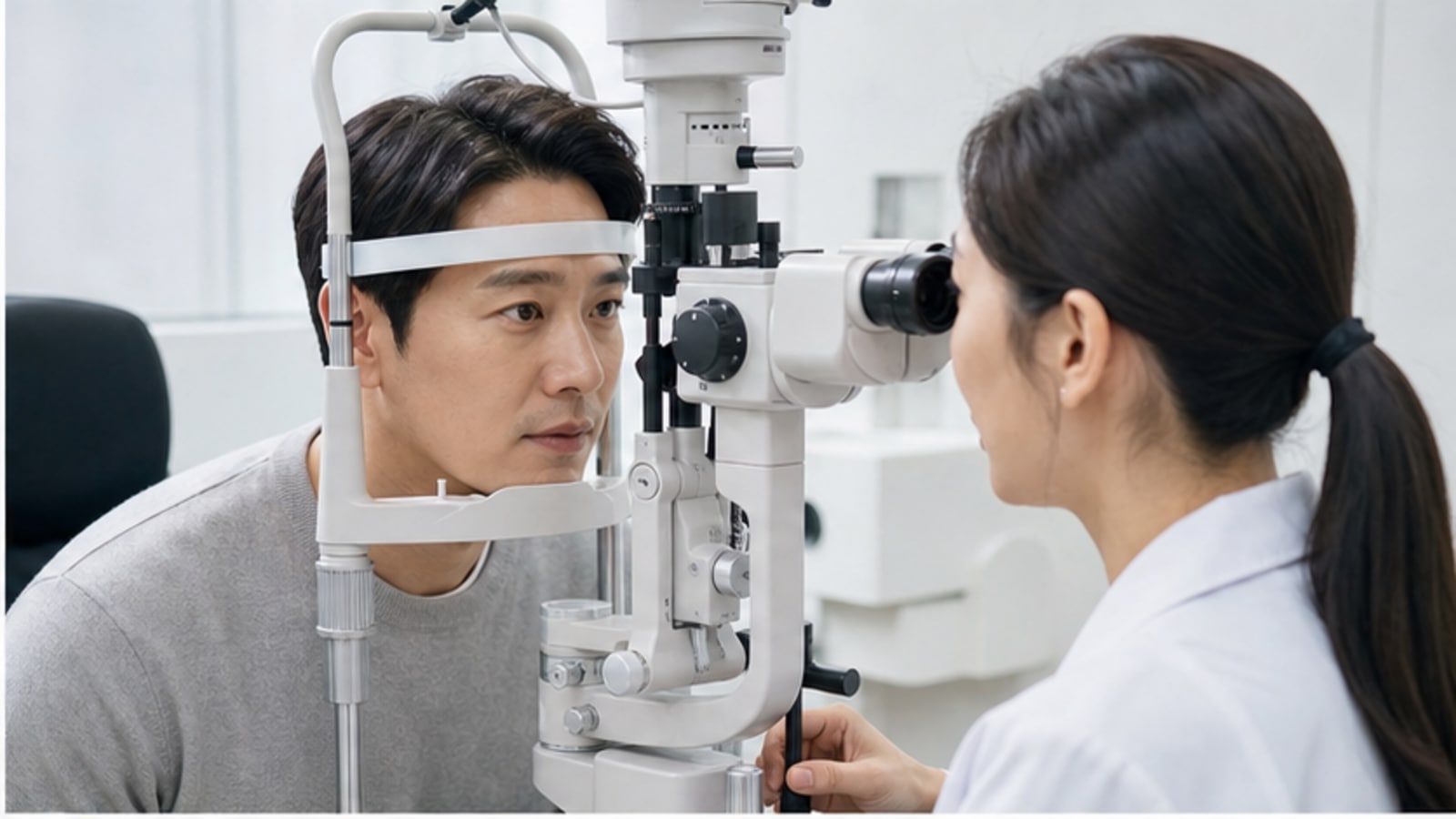 검사 장비로 각막과 눈 상태를 확인받는 내원자