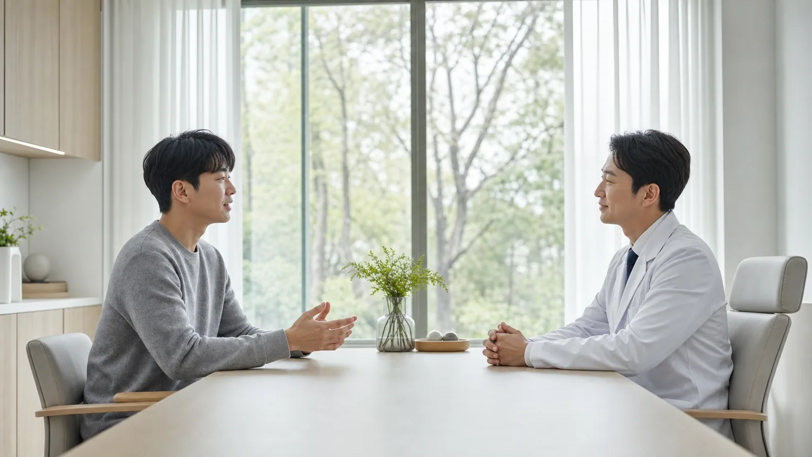상담 테이블을 사이에 두고 겹친 일정 전체를 한 번에 이야기하는 장면