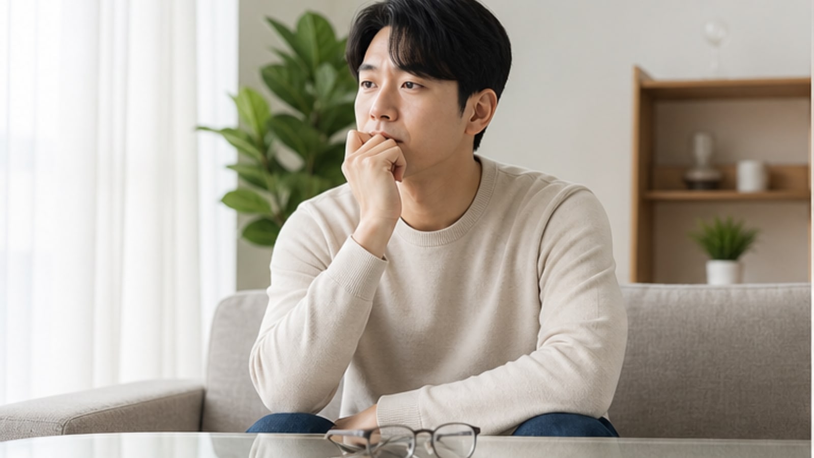 창가에서 안경을 두고 생각하는 사람: 스마일프로후기 작성 시점 확인