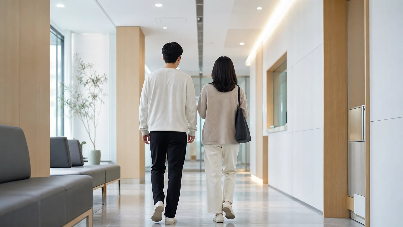 안과 복도를 동행인과 함께 이동하는 내원자