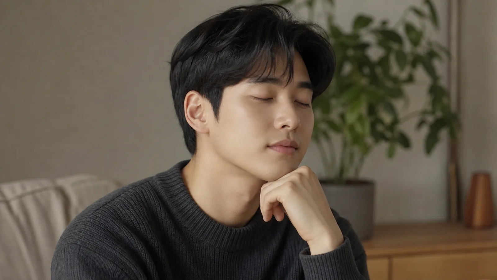 집에서 눈을 감고 지금 느낌이 어떤지 가만히 살펴보는 모습