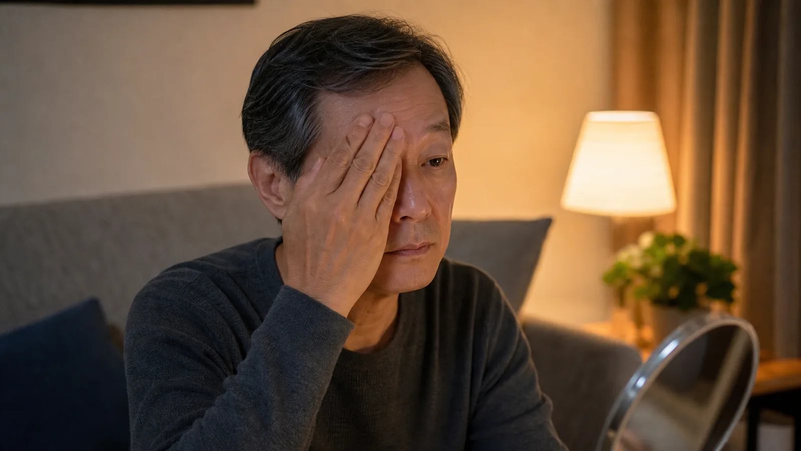 저녁 실내에서 한쪽 눈을 가려 보며 어떻게 보이는지 확인하는 모습
