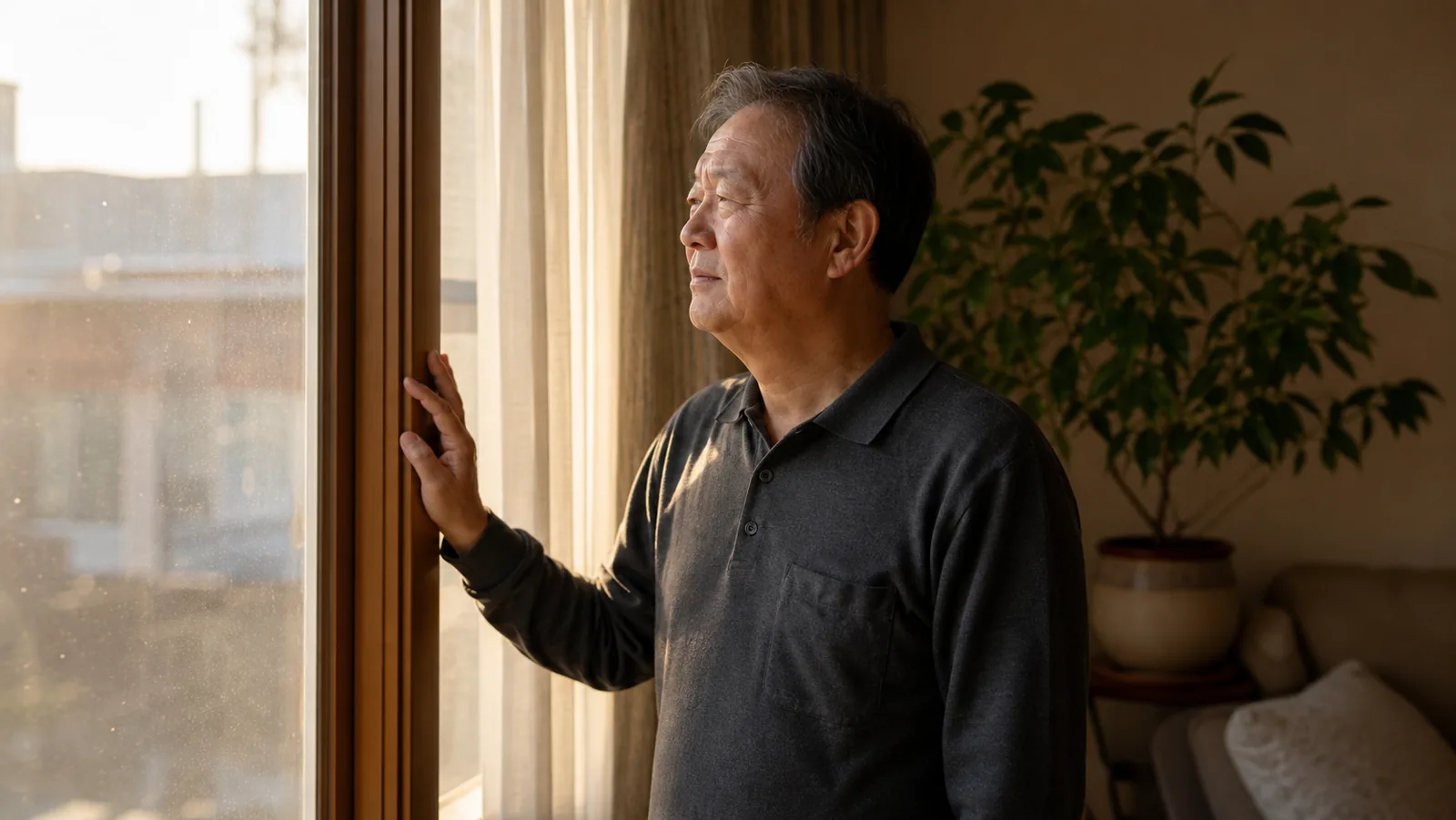 집 창가에서 흐릿하게 느껴지는 순간을 겪는 중장년의 일상 장면