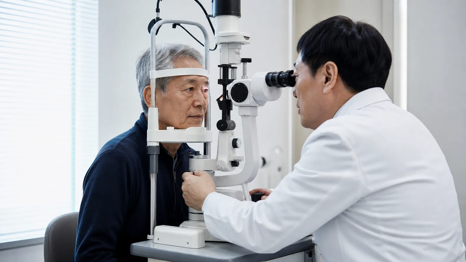검사실에서 눈 상태를 확인하는 절차를 그대로 밟고 있는 장면