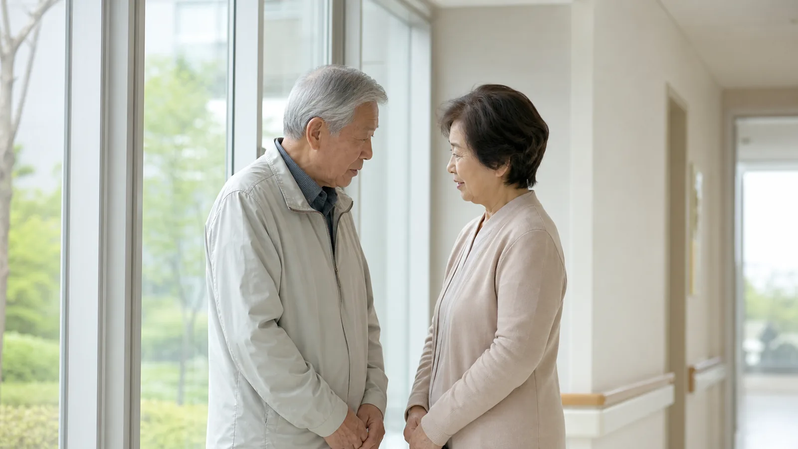 복도 창가에 서서 무엇을 물어볼지 함께 정하는 장면