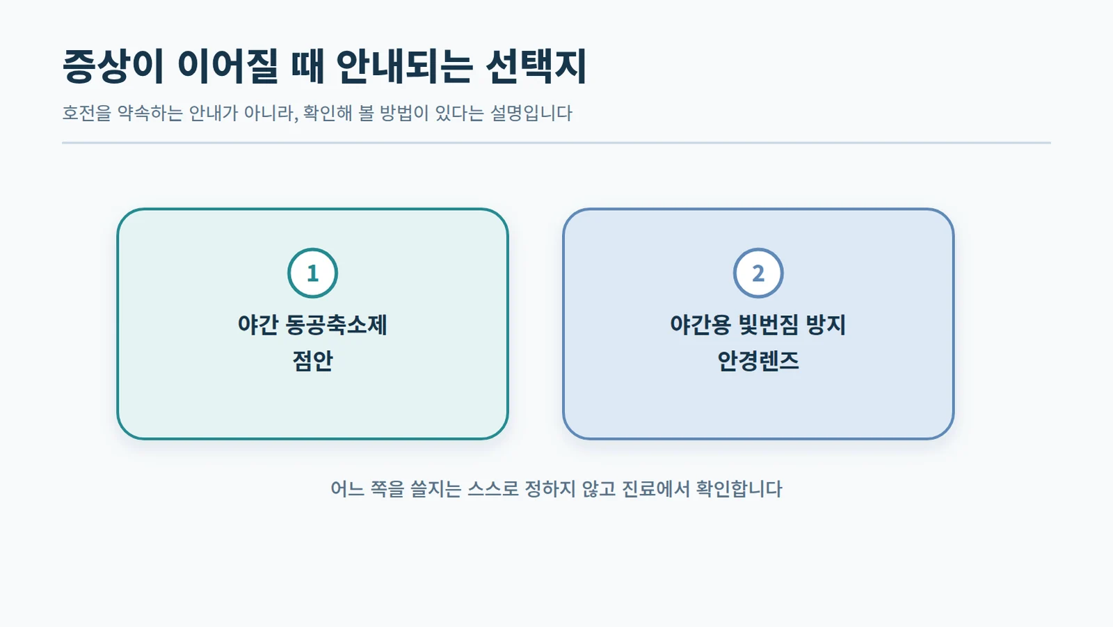 증상이 이어질 때 안내되는 두 가지 선택지를 좌우 카드로 배치한 도형