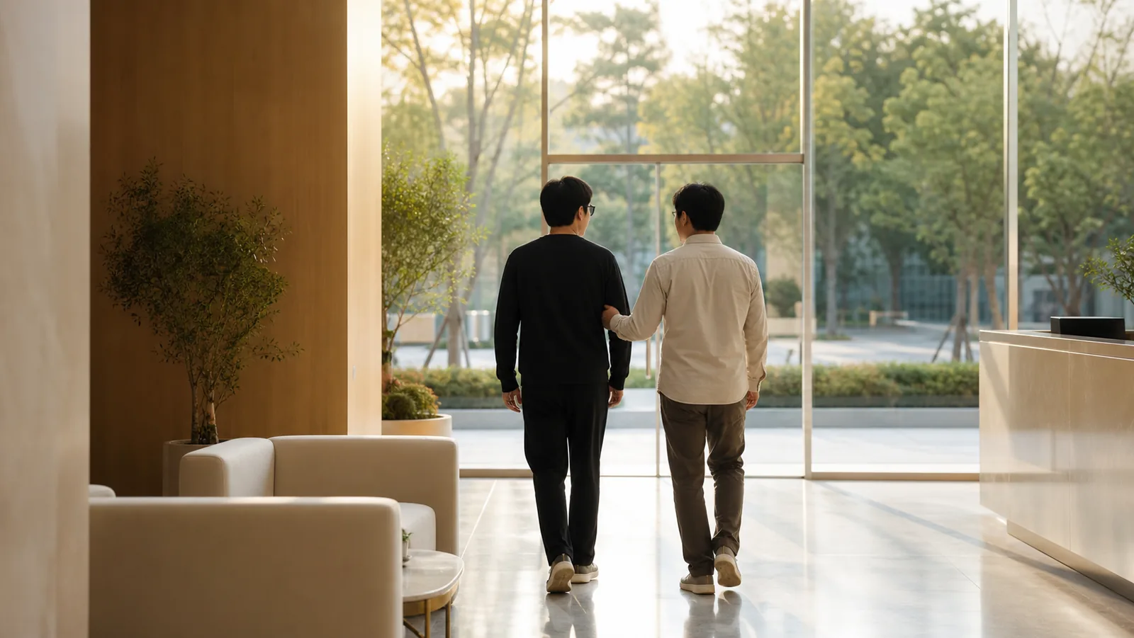 보호안경을 쓰고 동행과 함께 병원을 나서는 귀갓길 장면