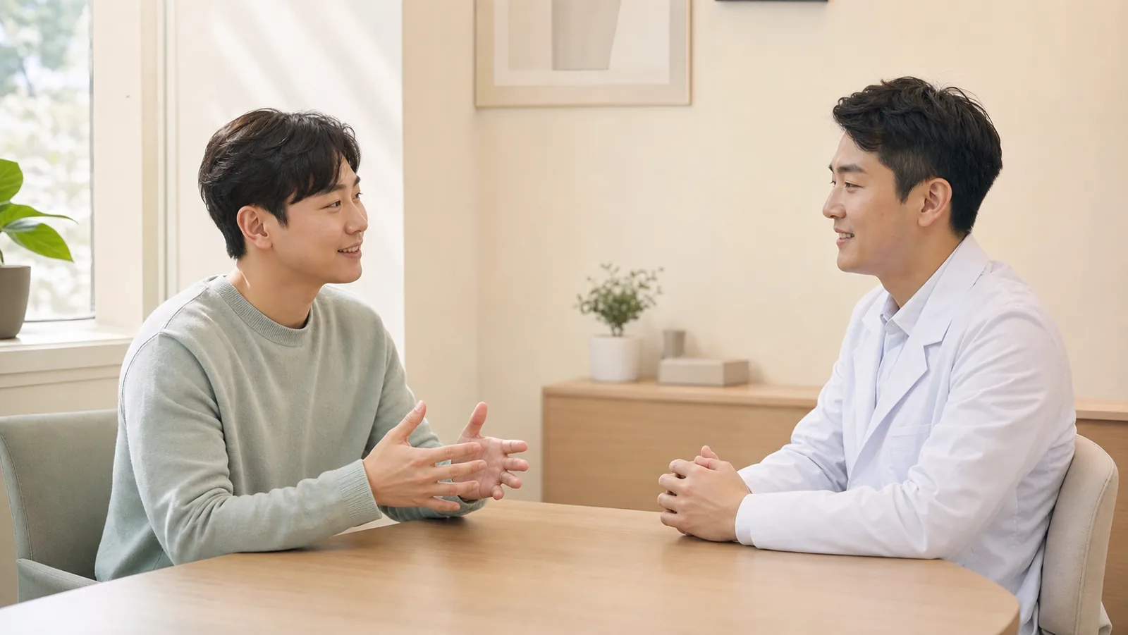 조건을 편하게 물어보며 이야기하는 상담 장면