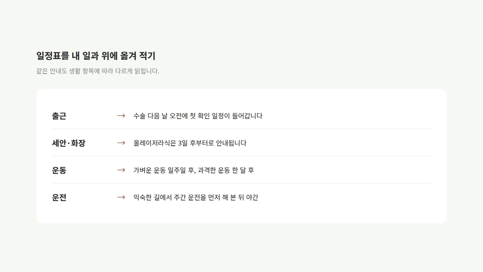 출근·세안과 화장·운동·운전 네 항목과 각각에 해당하는 안내를 화살표로 이어 놓은 대응표 도형