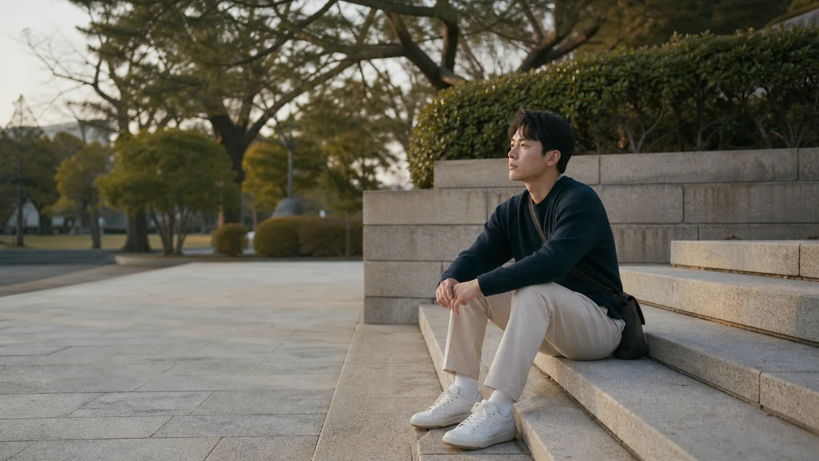 바깥 계단에 앉아 무엇을 더 봐야 할지 생각하는 모습