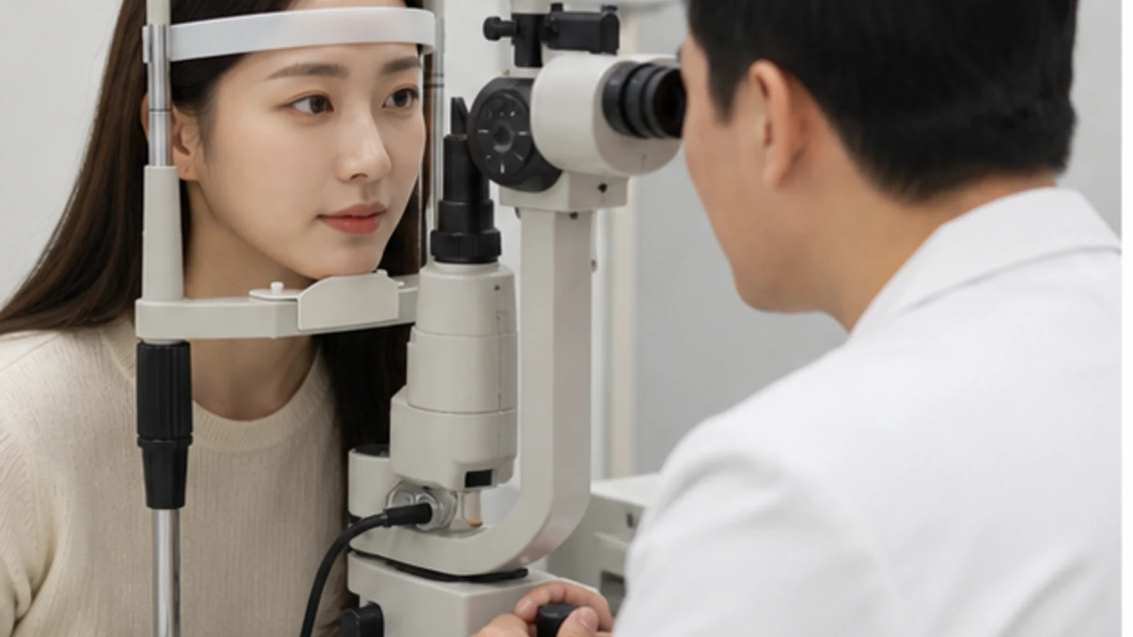 검사실에서 세극등 현미경으로 눈 상태를 확인받는 모습