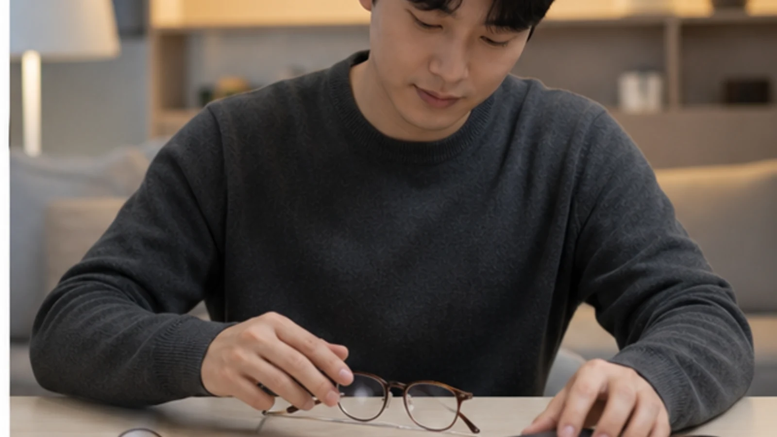 집 책상에서 안경을 내려놓고 최근 시력 변화를 정리하는 모습