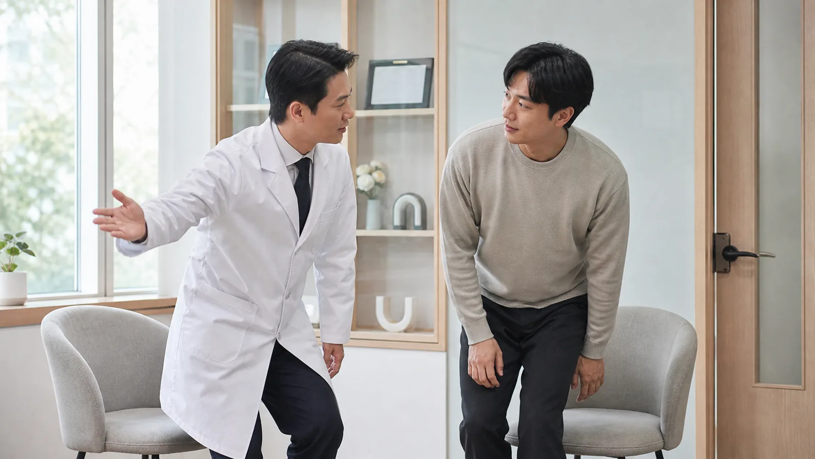 검사 결과를 두고 다음 단계를 안내받으며 일어서는 장면